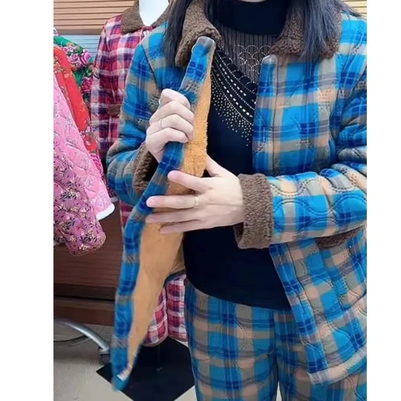 Single Piece/Suit Plaid Winter New Plush Cotton Jacket Warm Cotton Pants Suit Mother's Loose And Slim Cotton Suit Two-Piece Set