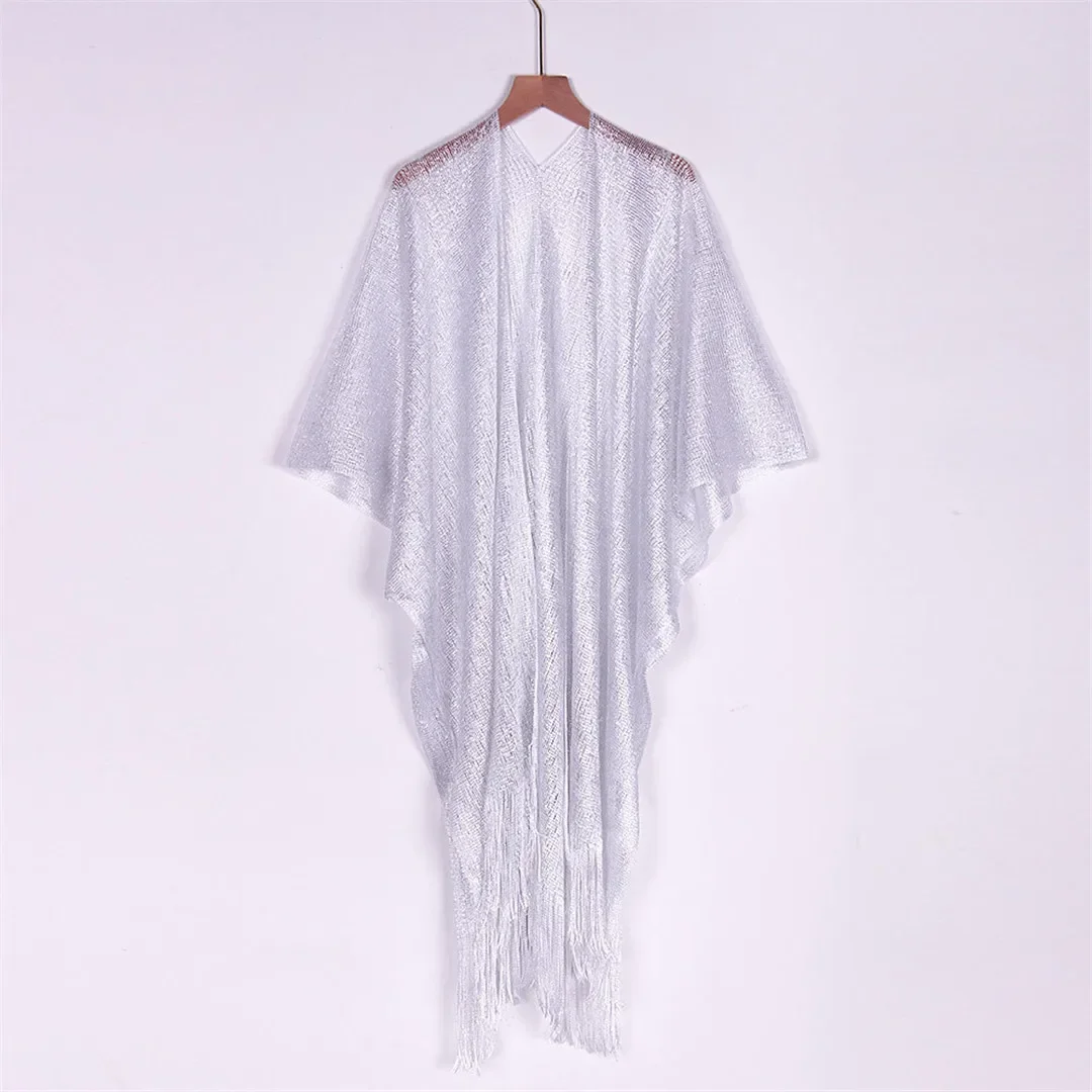 Sexy Fringe Tassel Mesh Sheer Shiny Knitted Tunic Beach Cover Up Cover-ups Beach Dress Beach Wear Beachwear Female Women