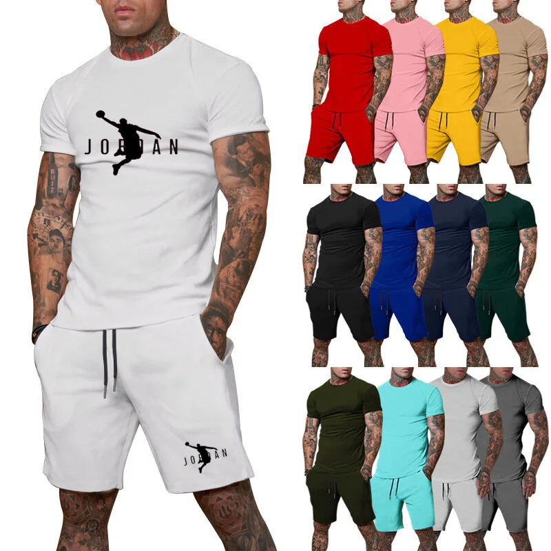Summer Youth Men's Short sleeved T-shirt+Shorts Set American Trendy Casual Sports Two Piece Set