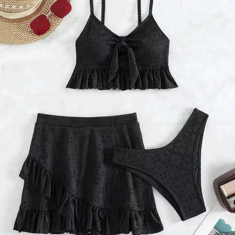2024 New Summer Women's Three-piece Push-up Swimwear Sexy Lace Swimsuit Bikinis Solid Sling Women Bathing Suit Swimming Clothing