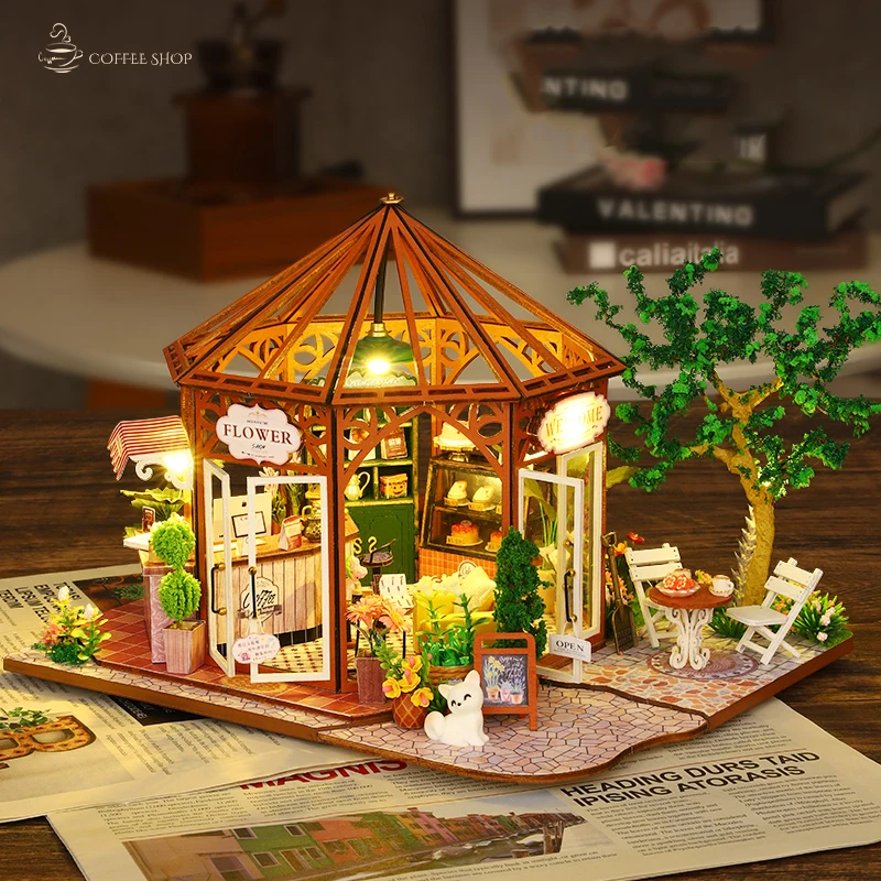 DIY Wooden Miniature Model Kit Flower Coffee Store Casa 3D Puzzle Dollhouse With Furniture Lights Home Decor for Friends Gifts 3