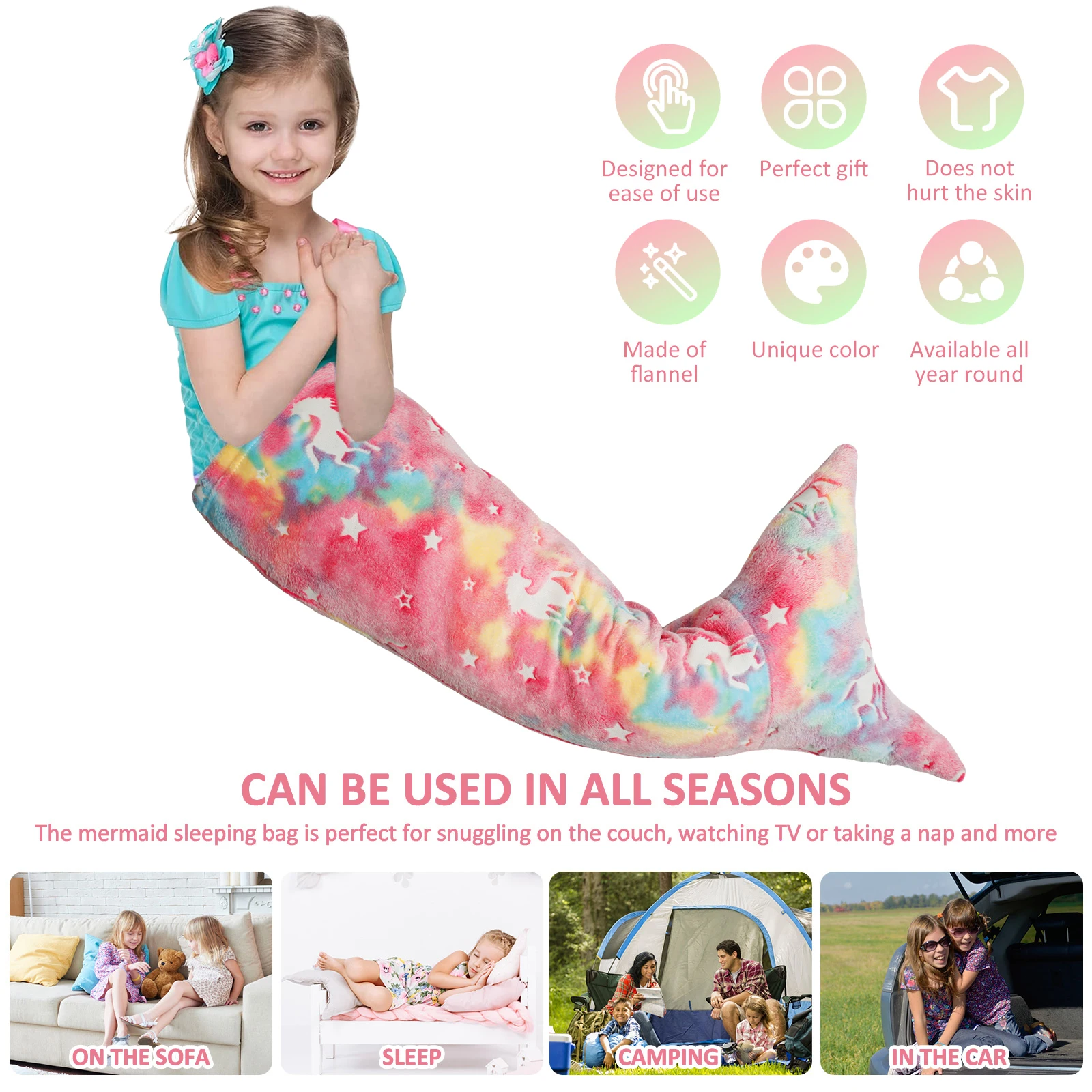 Flannel Mermaid Sleeping Bag Super Soft Luminous Mermaid Blanket Flannel Girls Mermaid Tail Blanket Gifts for Girls 3 to 6 Years 2
