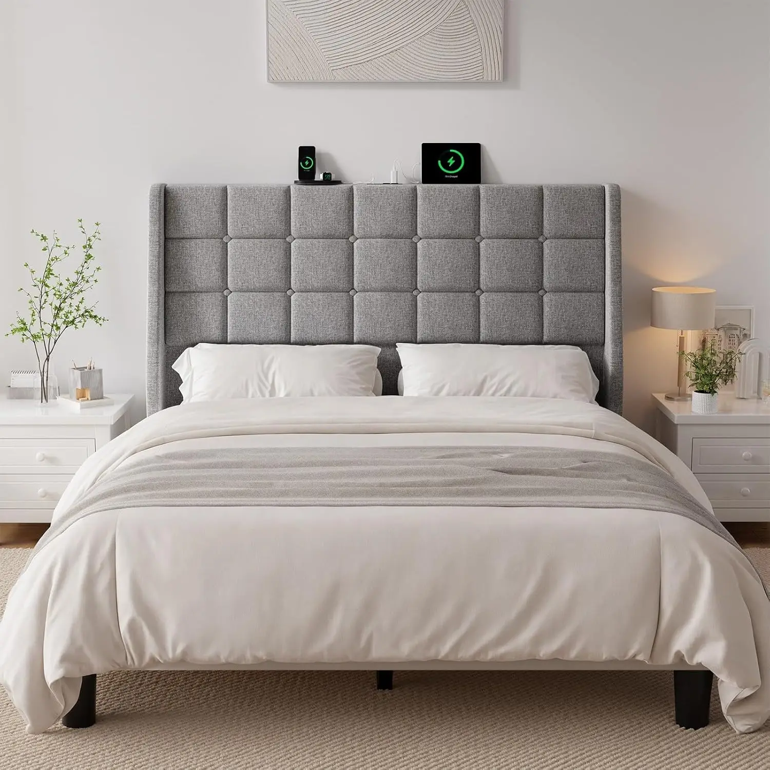 Headboard Queen Size w/Charging Station, Linen Wingback Headboards w/Storage Pocket, Queen Headboard Only, Bed Frame Adapters
