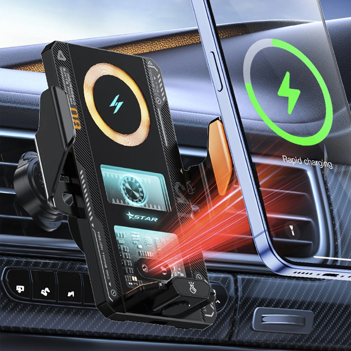 Wireless Charging Car Phone Mount with Magnetic Holder and Ambient Mood Lighting
