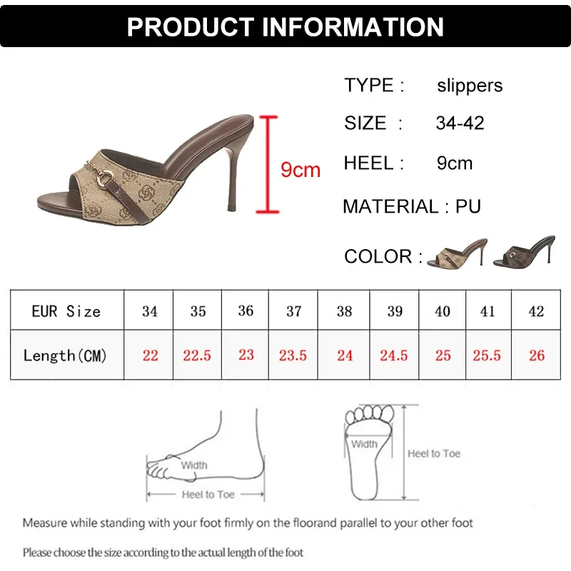 Women Sandals Women High Heels Elegant Metal Buckle High Heels Slippers Women Brand Design Printed Thin Heeled Sandals Woman Fashion Dress Party Shoes Size 42