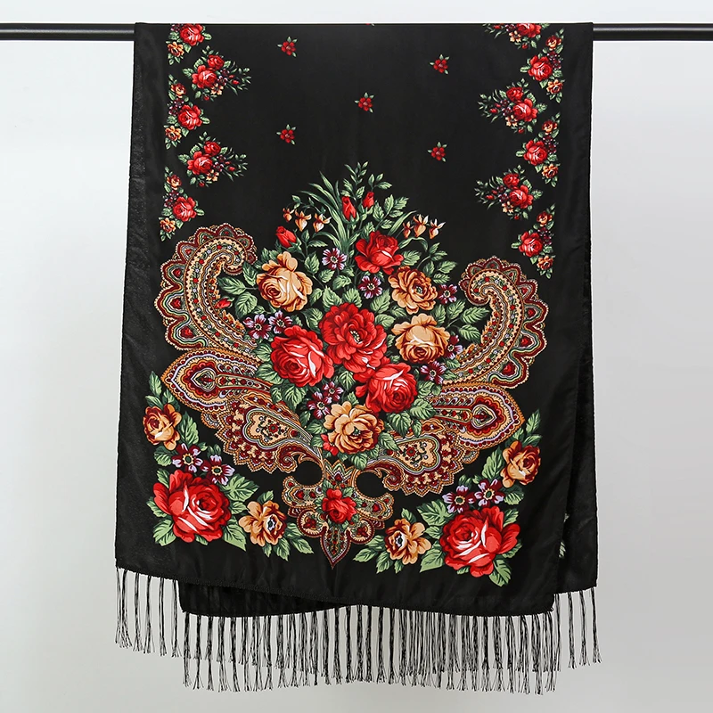 Frauen Luxus Floral Bedruckte Russische Schal Ukrainische Fransen Schals Babuschka Taschentuch Kopf Wraps Reise Schal – Detail 20