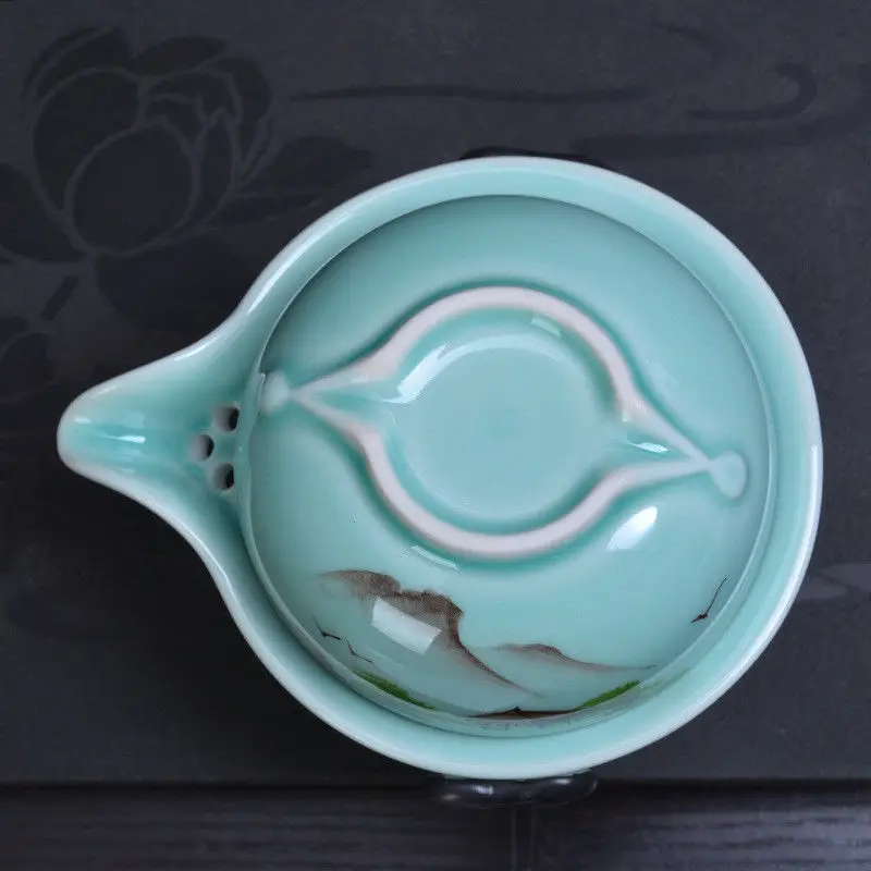 [GRANDNESS] Kung Fu Tea Set 1 Pot 1 Cup Longquan Celadon Gaiwan Handpainted Kung Fu Tea Set Gaiwan