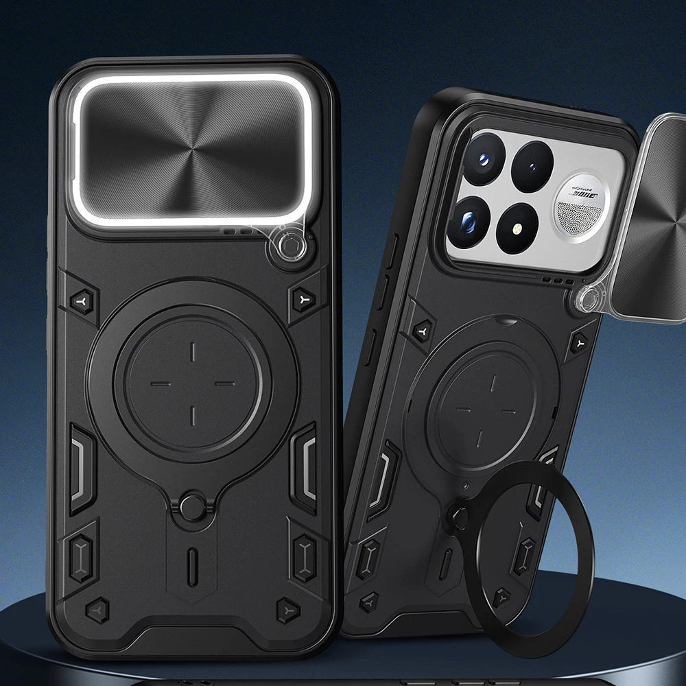 Slide Camera Shield Phone Case with Magnetic Ring Stand - Full Protection Shockproof Cover