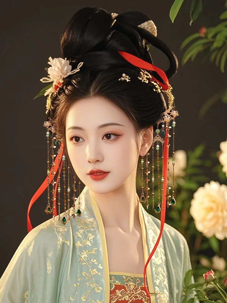 녹색 긴 태슬 머리핀 작은 머리핀 한푸 명나라 스타일 헤어 액세서리 고대 의상 당나라 스타일 헤어 빗