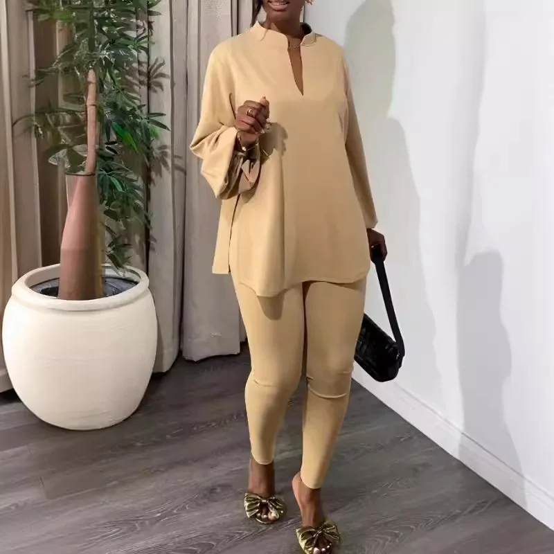 Spring Summer Fashion Two Piece Set African Women Casual Solid Loose Top Tight Pants Two Piece Set Women