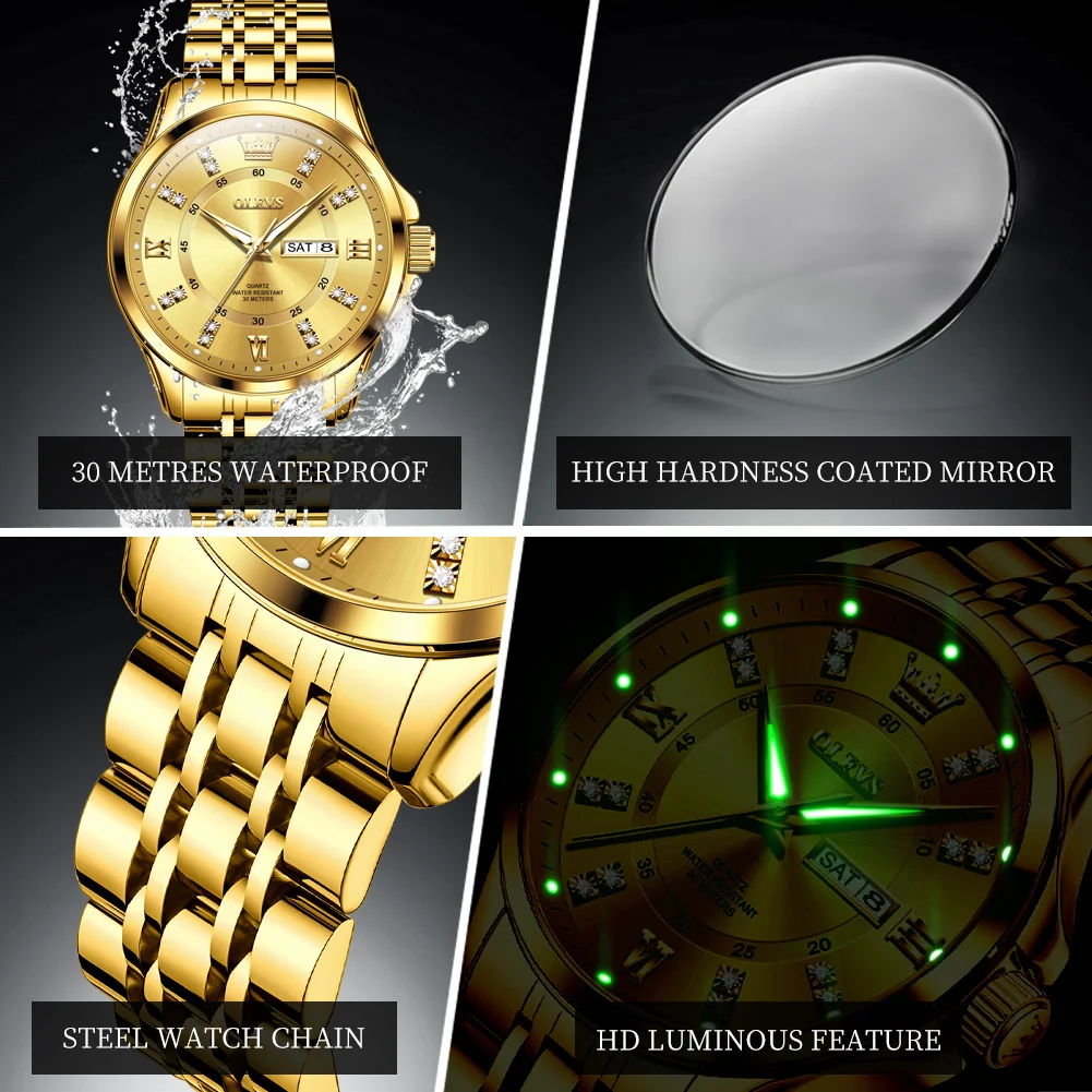 OLEVS 3620 Quartz Men Women Couple Watch Elegant Diamond Scale Calendar Waterproof Stainless Steel Watch HD Luxury Couple