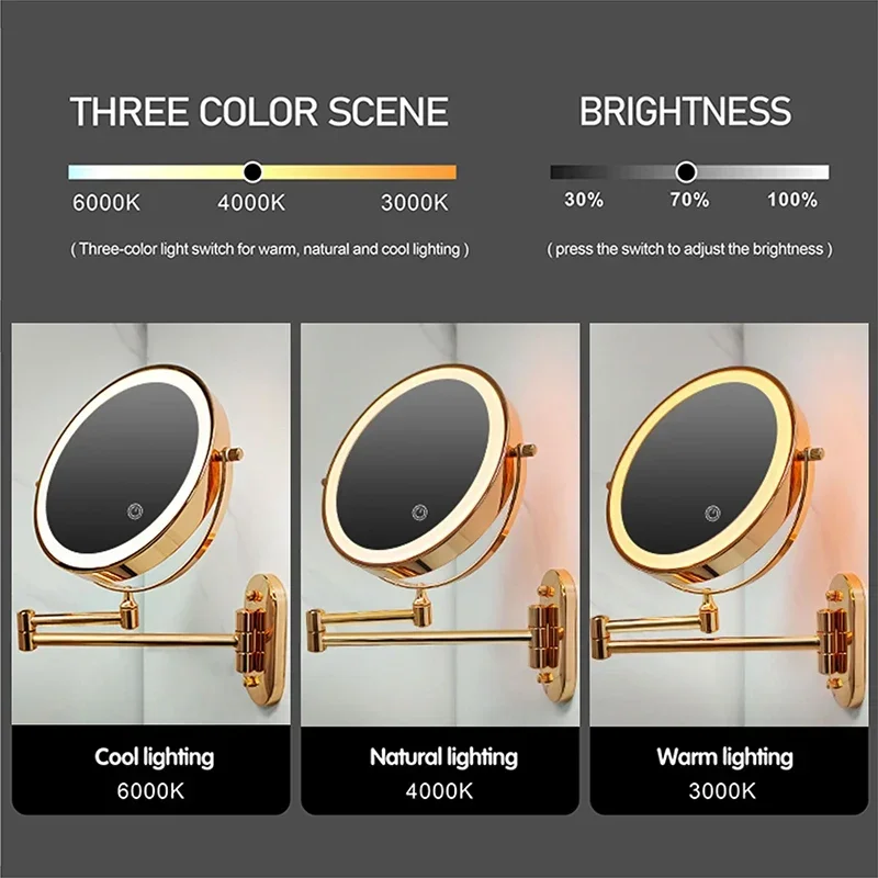 Makeup Mirror LED Smart Bath Mirrors 3x/5x/7x/10x Magnifying Double Side USB Charging Bathroom 3 Color Light Cosmetic Mirrors 4