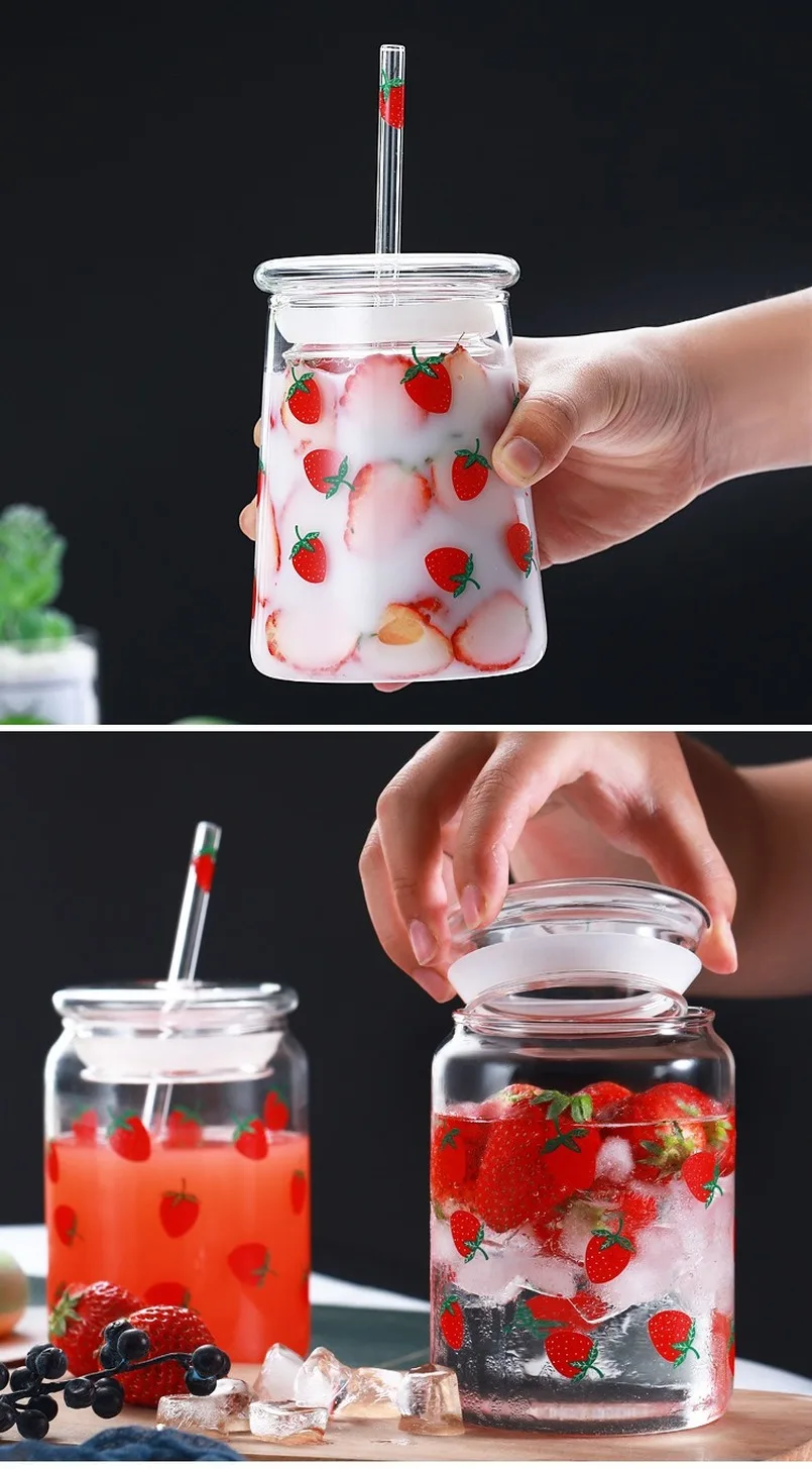 Large Capacity Water Bottle with Straw Cute Strawberry Glass Cup with Lid Heat-resistant Tumbler Cup Glass Bottle Drinkware