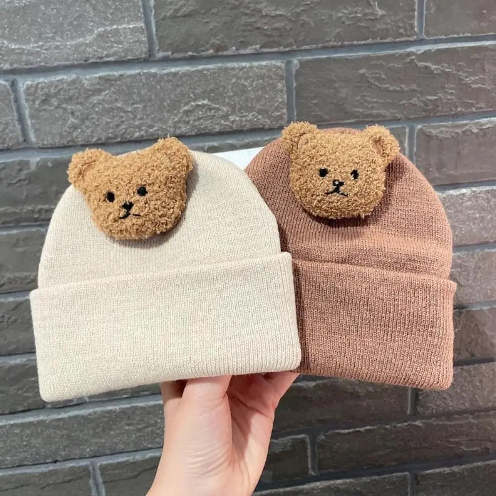 

Cute Bear Baby Cap Solid Color Knitted Ear Protection Warm Newborn Cap Soft 8-36months Infant Beanie Autumn Winter