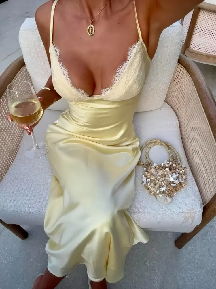 Women Light Yellow Lace Satin Sleeveless Dress Sexy Elegant A-line Dresses 2026 Summer Lady Daily Vacation Evening Party Vestido 2