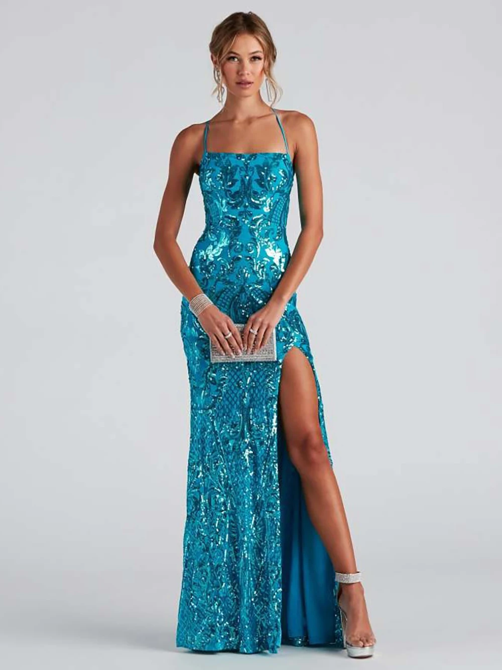 

Sleeveless Sequin Evening Dress Women Sexy Side-Slit Slim Long Dress for Party Glitter Spaghetti Strap Body-Con Backless Dresses