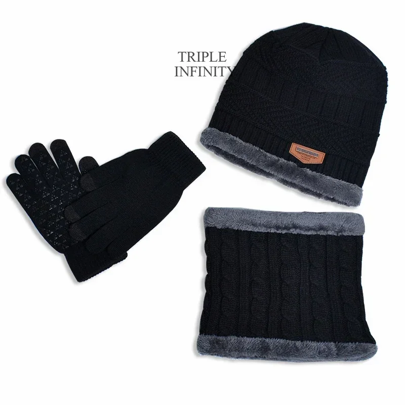 Child Winter Hats Fluff Lined Windproof Warm Gloves Outdoor Neck Protection Scarves Winter Set Thick Kids Knitted Bonnets