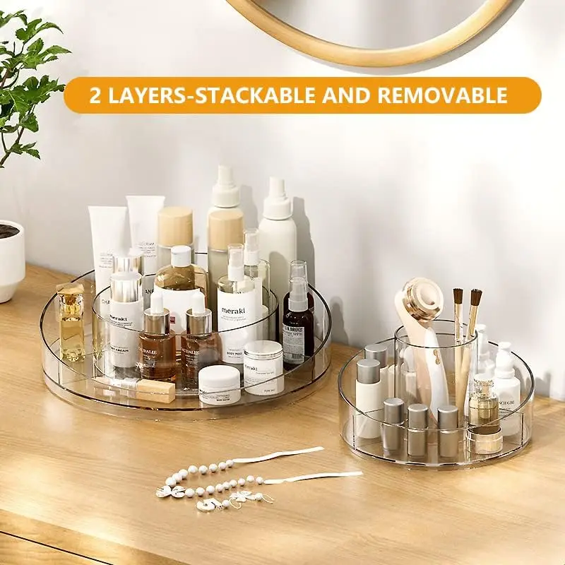 360 Rotating Makeup Organizer, Lazy Susan Turntable Cosmetics Storage Tray, 2 Layers Round Spinning Holder Organizer Case for 4