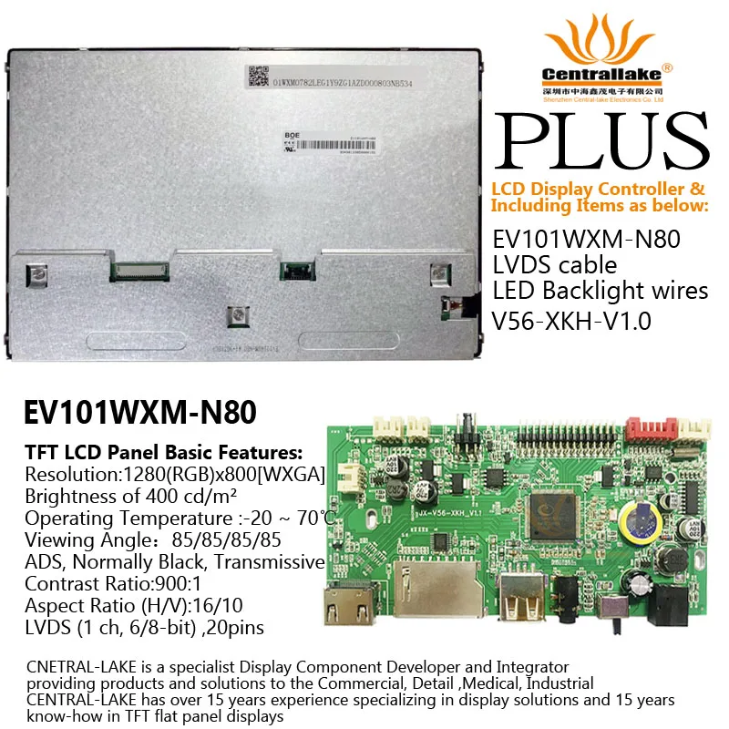 

Hot Sale For 10.1″LCD Advertising Display Screen Includes Controller Board :V56-X-KH plus 10.1 inch EV101WXM-N80