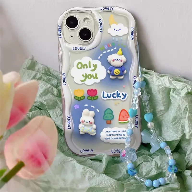 3D Rabbit Puppy Cartoon Wave Soft Phone Case with Lanyard