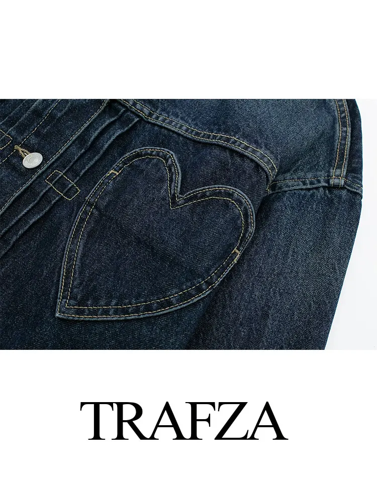 HH Women Dark Blue Denim Coat Heart Pattern Outerwear Long Sleeve Single Breasted Jacket Spring Female Chic Top Coats