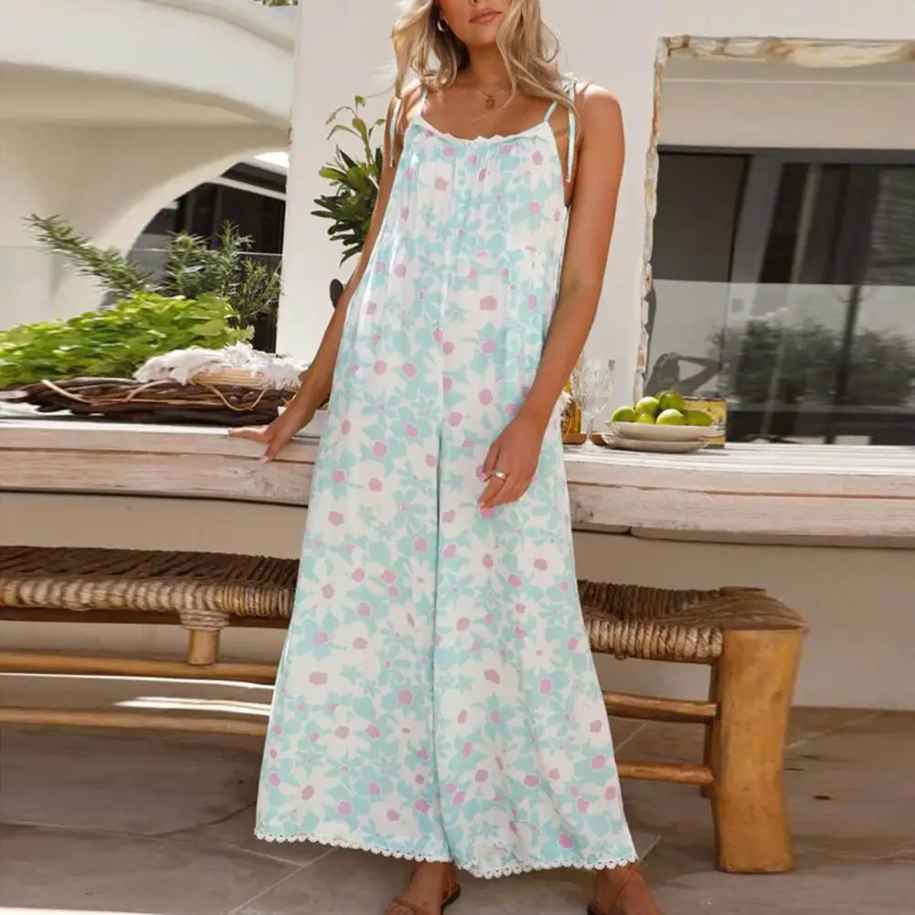 

Jumpsuit Flower Print Lace-up Wide Leg Jumpsuit with Crotch Pockets for Women Summer Vacation Beach Strappy Jumpsuit Wide-leg