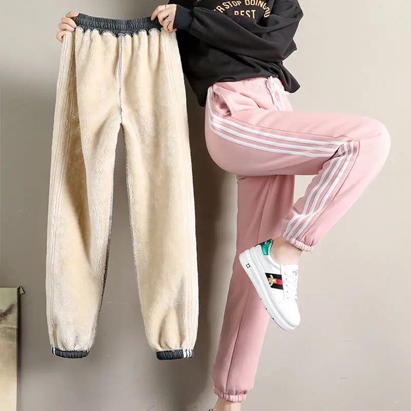 Fashion Solid Loose Sports Drawstring Plush Leggings Sweatpants Woman 2022 Winter Women Fleece Pants Casual Warm Thick Trousers