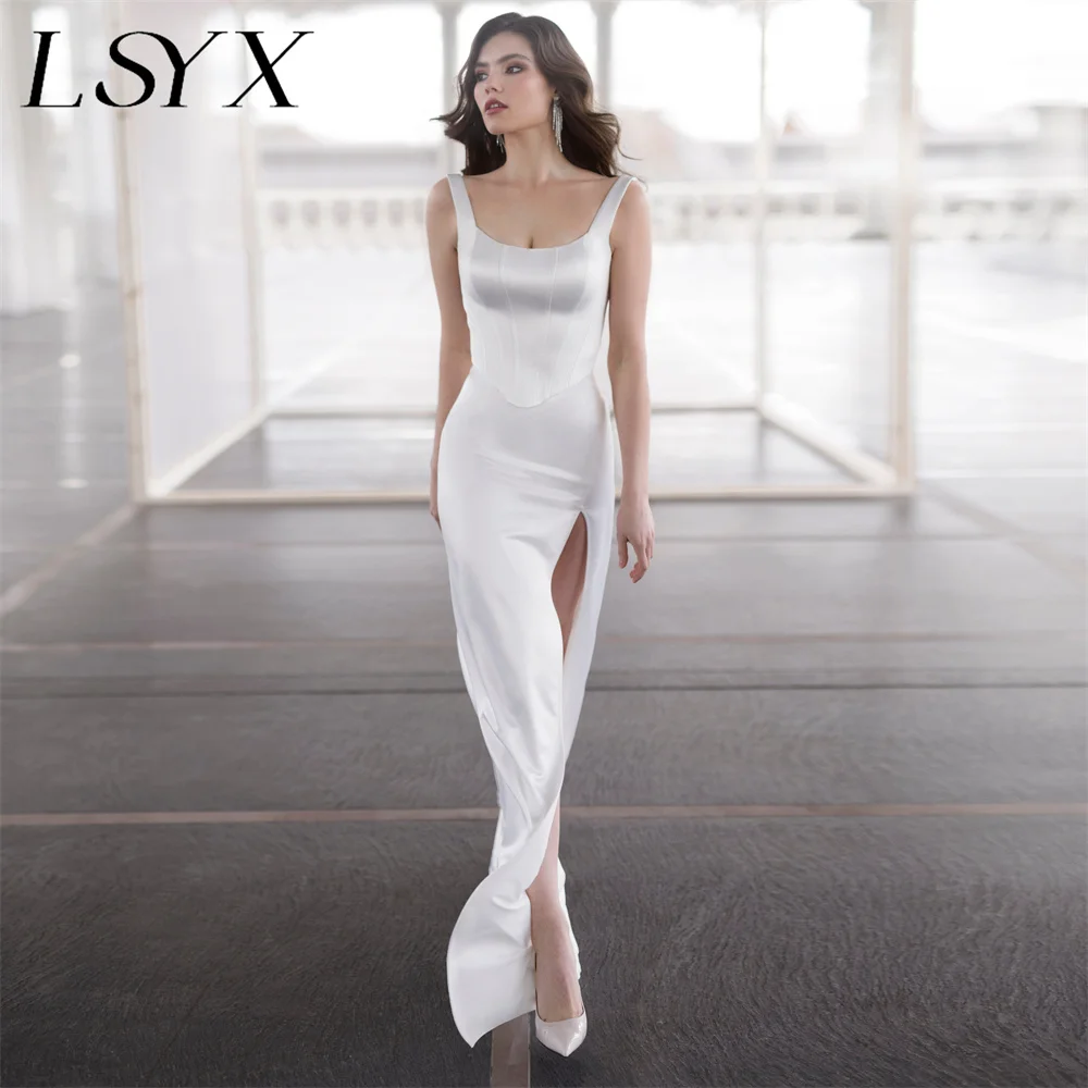 

LSYX Simple Sleeveless Square-Neck Sheath Wedding Dress Zipper Back Floor Length High Side Slit Bridal Gown Custom Made