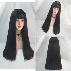 Vibrant Long Straight Hair Wig with Cut Bangs for Women - Blue, Pink, Blonde, Red (Natural Black)