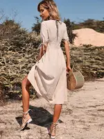 Summer Women Short Sleeve V Neck Solid Color Single Breasted Cotton Linen A Line Dress - Image 3