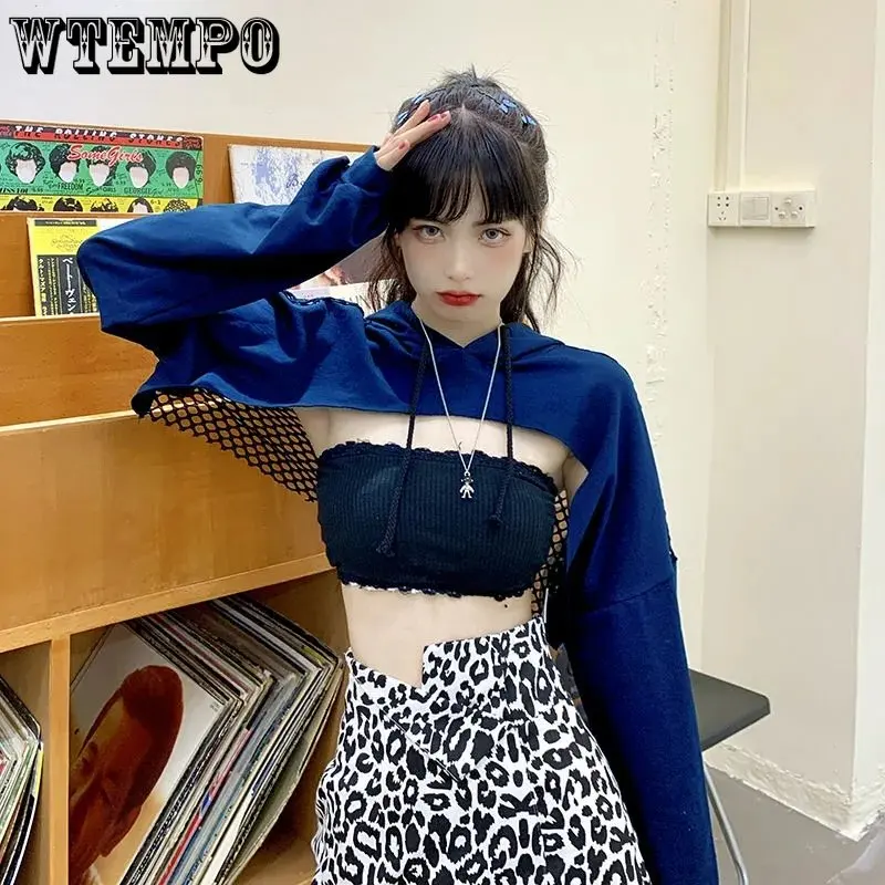 

WTEMPO Sexy Hollow Out Mesh Patchwork Smock Women Loose Long Sleeve Hoodies + Vests Two Pieces Set Female New Dance Sweatshirts
