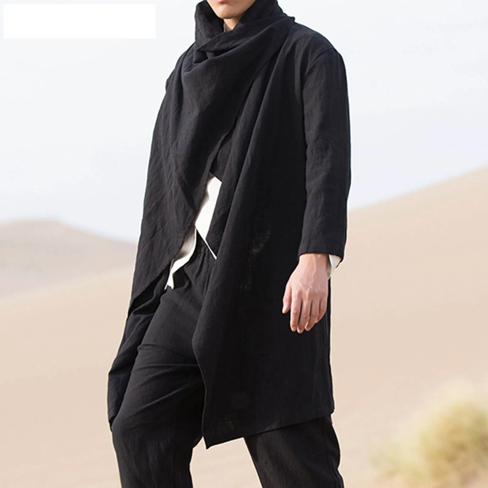 

2023 Vintage Men Trench Coats Cotton Ponchos Scarf Collar Long Sleeve Cloak Irregular Jackets Solid Streetwear Windbreaker