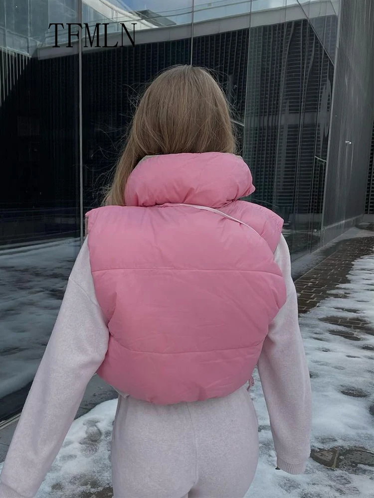 2025 Winter Warm Reversible Vest For Women Fashion Stand Collar Sleeveless Cropped Coats Elegant Lightweight Padded Ladies Vest