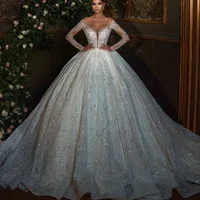 Customized Gorgeous Ball Gown Wedding Dress Sheer Neck Sequin Beaded Applique Long Sleeve Bridal Gown Princess Vestidos De Noiva 1