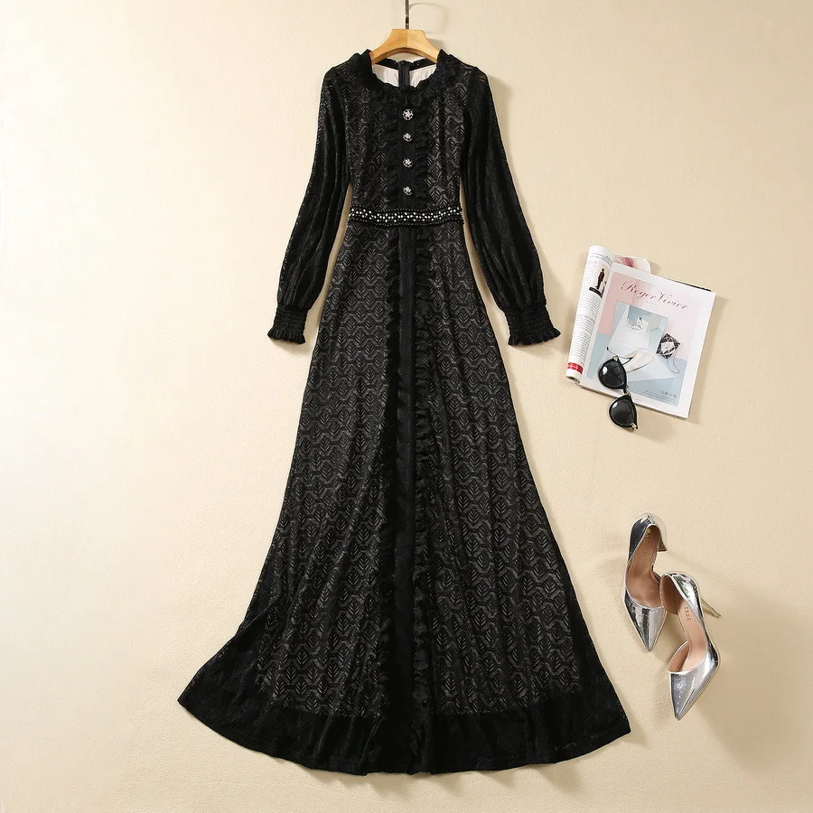 

European and American women's clothing 2023 autumn new Round neck Long sleeve lace beaded waist fashion Dresses
