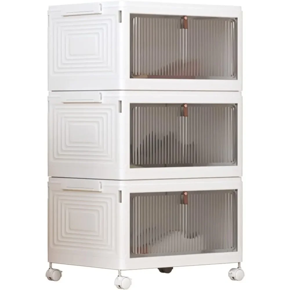 

3 Tier Foldable White Plastic Shoe Box,Large Stackable Storage Bins with Lids,Storage Drawers Cart Storage Containers