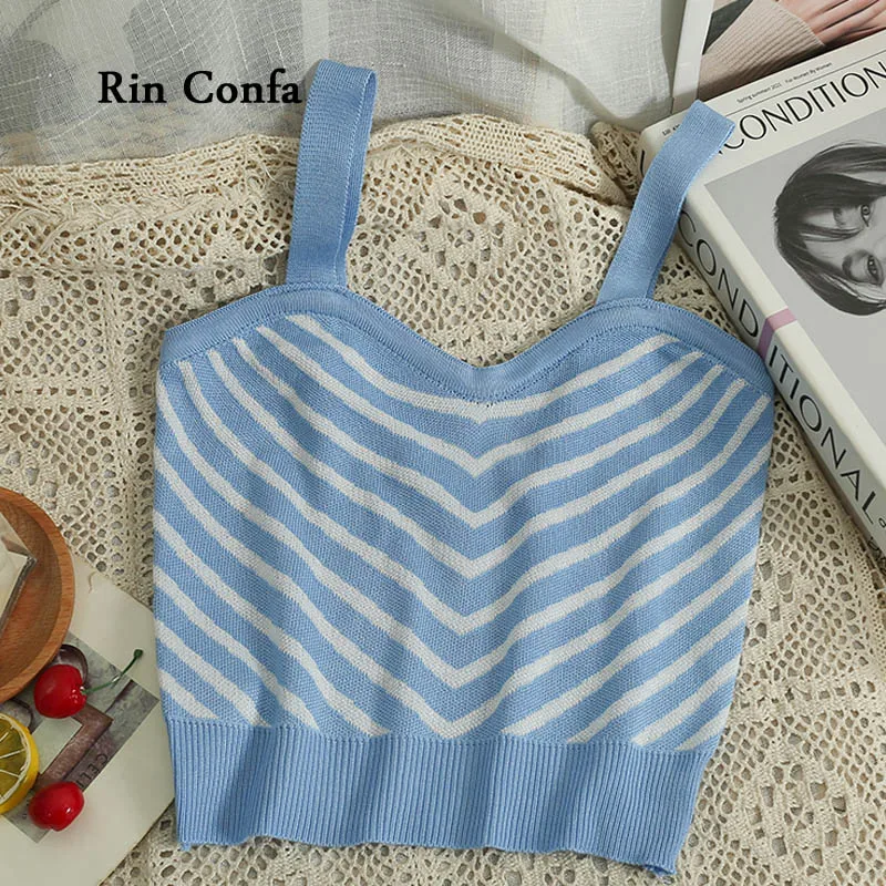 

Rin Confa Women New Knitting Strappy Stripe Crop Top Summer Slim Fit Knitwear Camisole Sleeveless Tee Shirts Tank Camis Tops