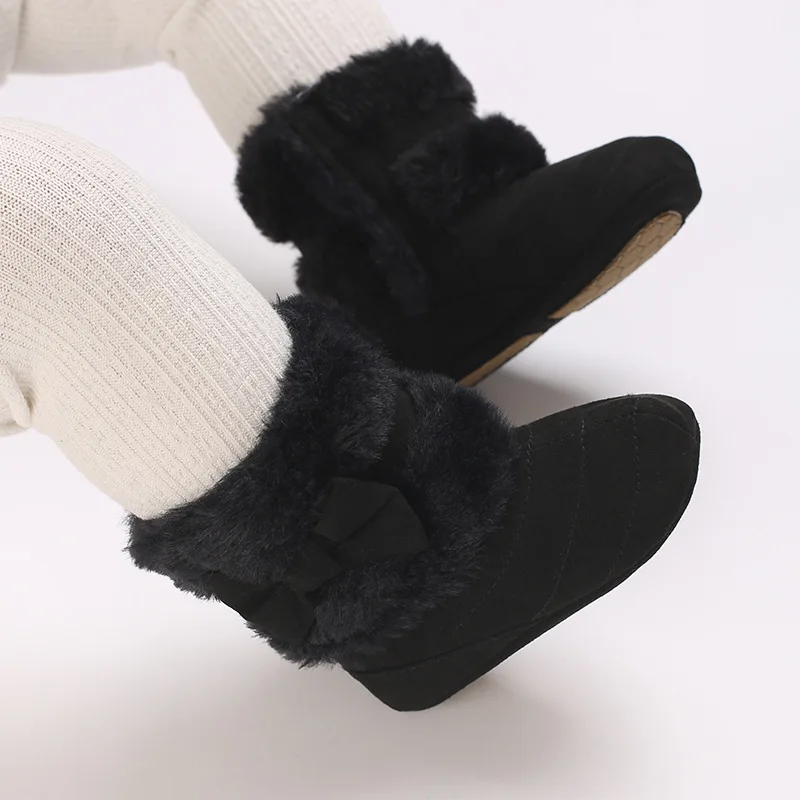 Suefunskry Baby Girl Boots Cute Bowknot Crib Shoes Infant Winter Warm Plush Boots First Walker Shoes with Non-Skid Soles