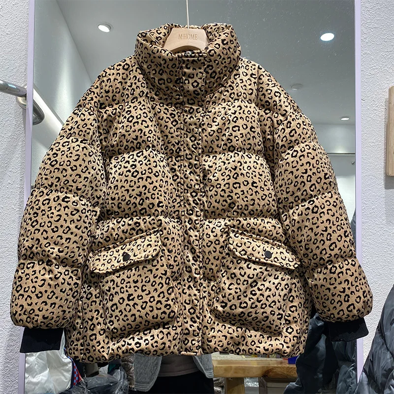 ajuste puffer jaqueta feminina leopardo impressão curto