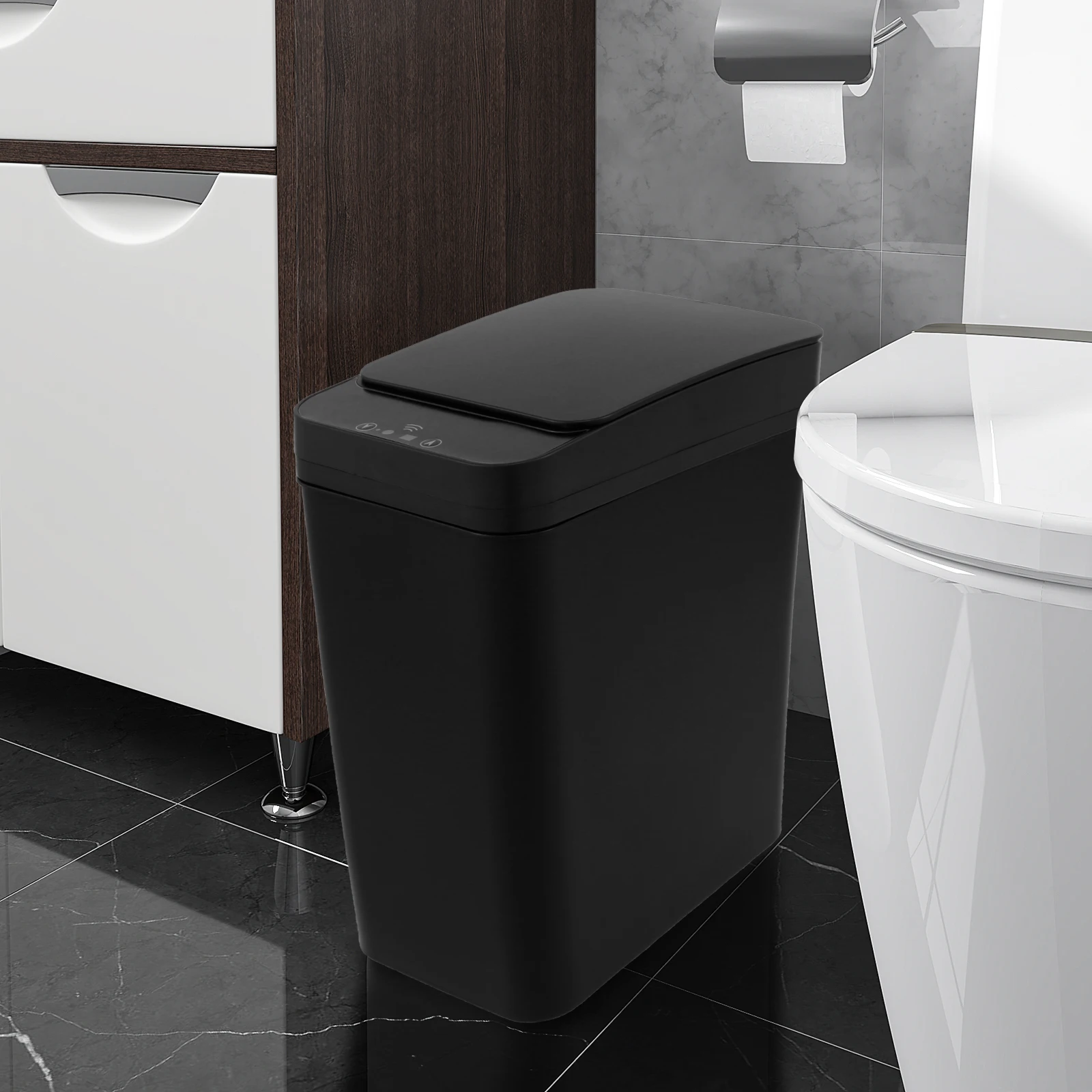 Smart Bathroom Trash Can 12L Touchless Garbage Can White/Black Infrared Motion Sensor Kitchen Garbage Can PP Rectangle Trash Bin