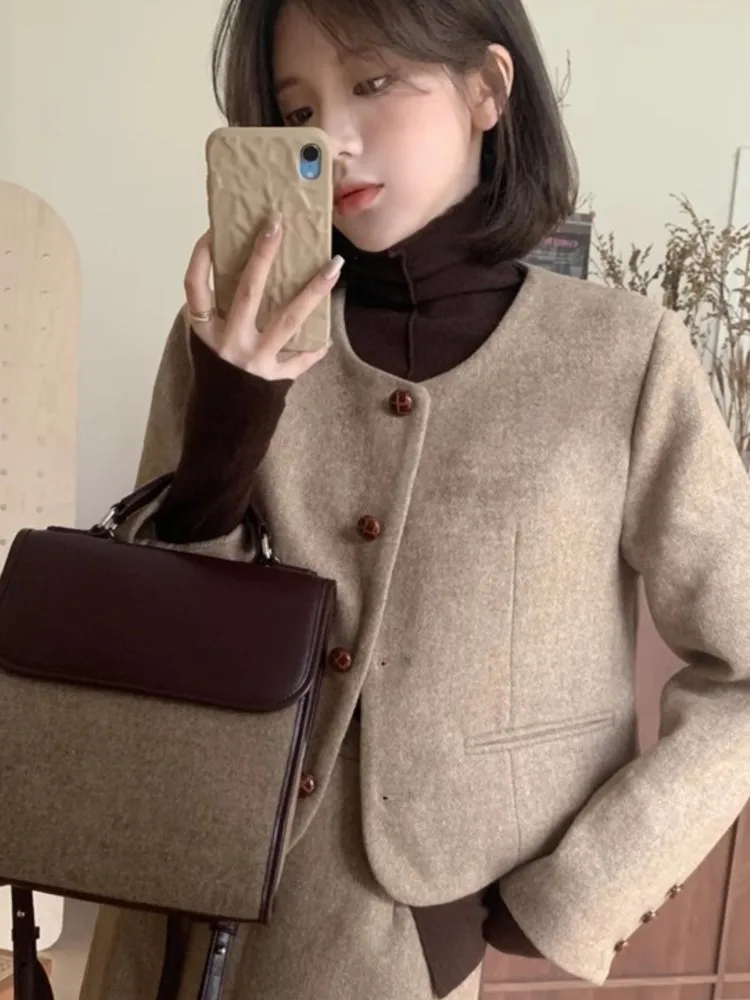 

Korean Style Two-Piece Set for Women Long Sleeve Outfit Single Breasted Short Coat High Waist Midi Skirt Female Fashion Suit