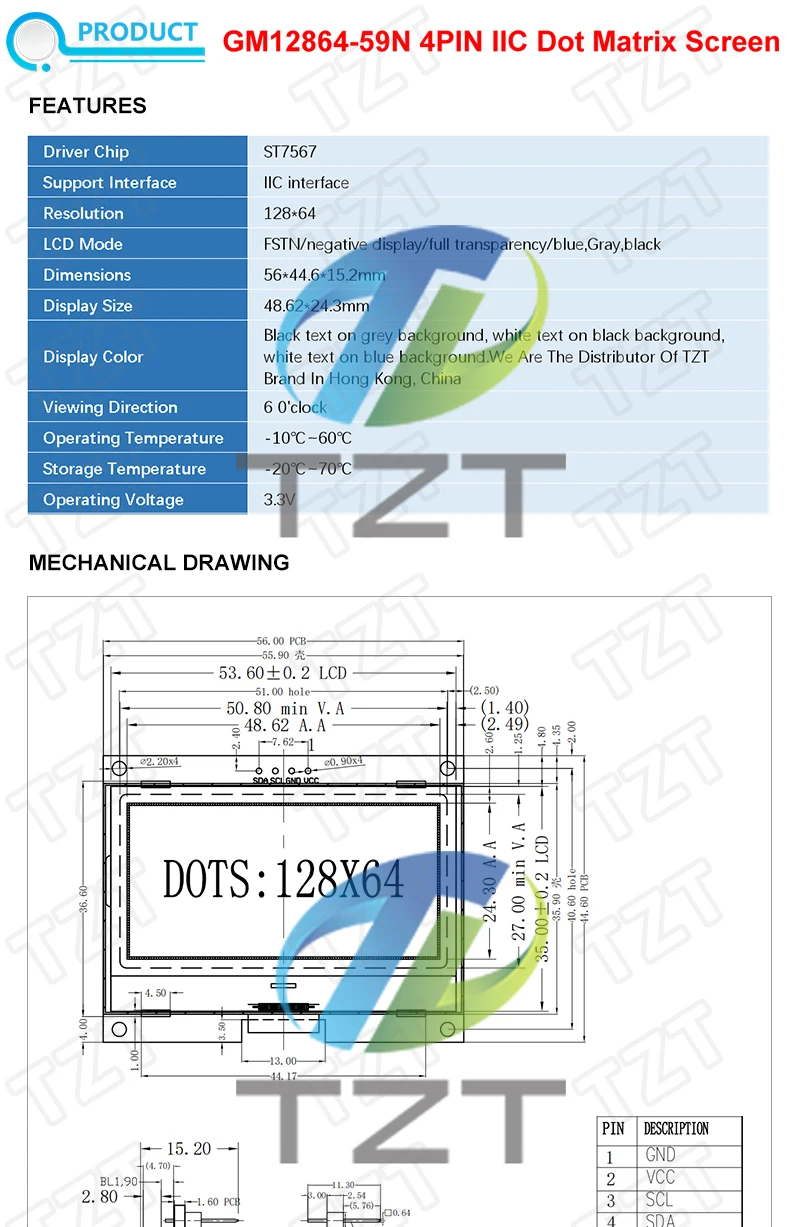 GREATZT 12864 IIC LCD-Modul 128X64 I2C ST7567S COG Grafik-Display-Bildschirmplatine LCM-Panel 128x64 Punktmatrix-Bildschirm für Arduino – Detail 1