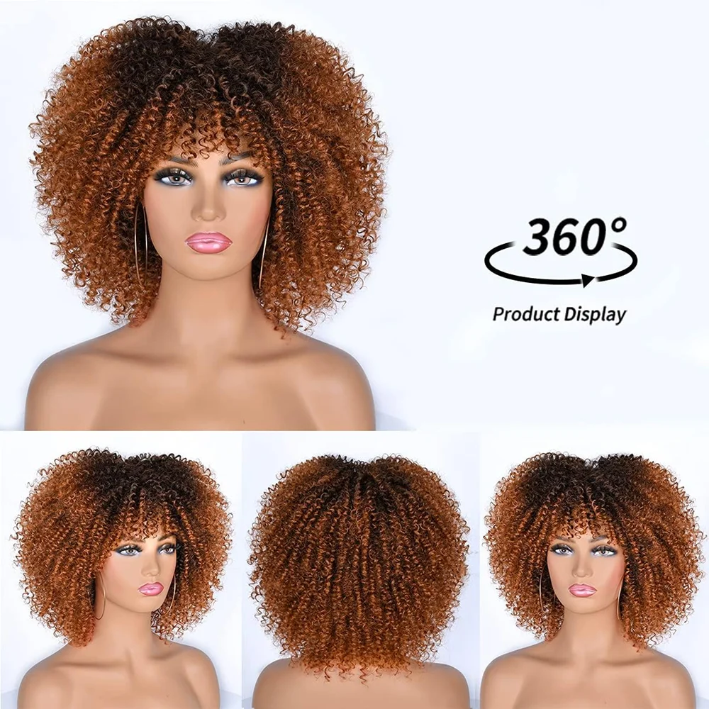 10Inch Short Curly Afro Wigs with Bangs Bomb Afro Kinky Curly Wig Synthetic Fiber Full Wig Natural Looking for Women Christmas