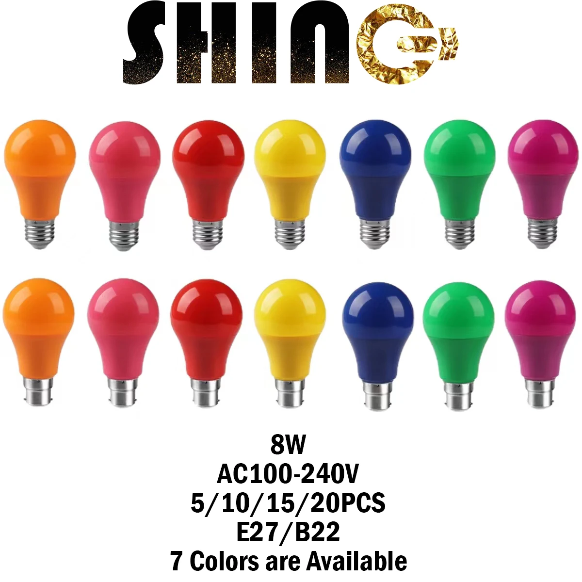 

5-20PCS Led Colorful Lamp AC100-240V E27 B22 Power 8W Atmosphere Flashlight Seven colors are Available for Celebration,Bar,Home