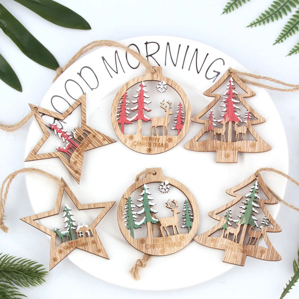 

Vintage Hollow Printed Christmas Decorations, Wooden Pendants, Wood Crafts, Star, Tree, Ball, 1Pc