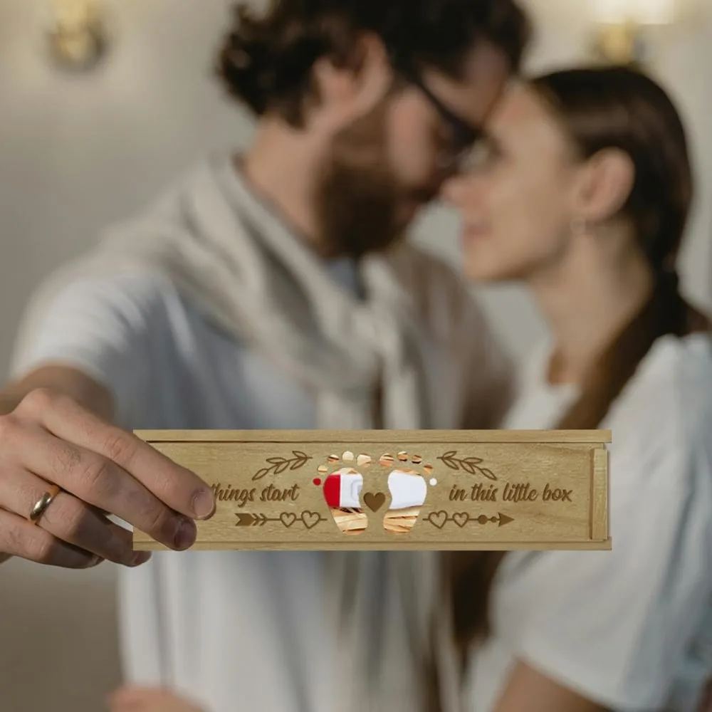 Pregnancy Test Keepsake Box Love Hollow Footprints Wooden Push Pull Pregnancy Announcement Gifts Box storage box gift items