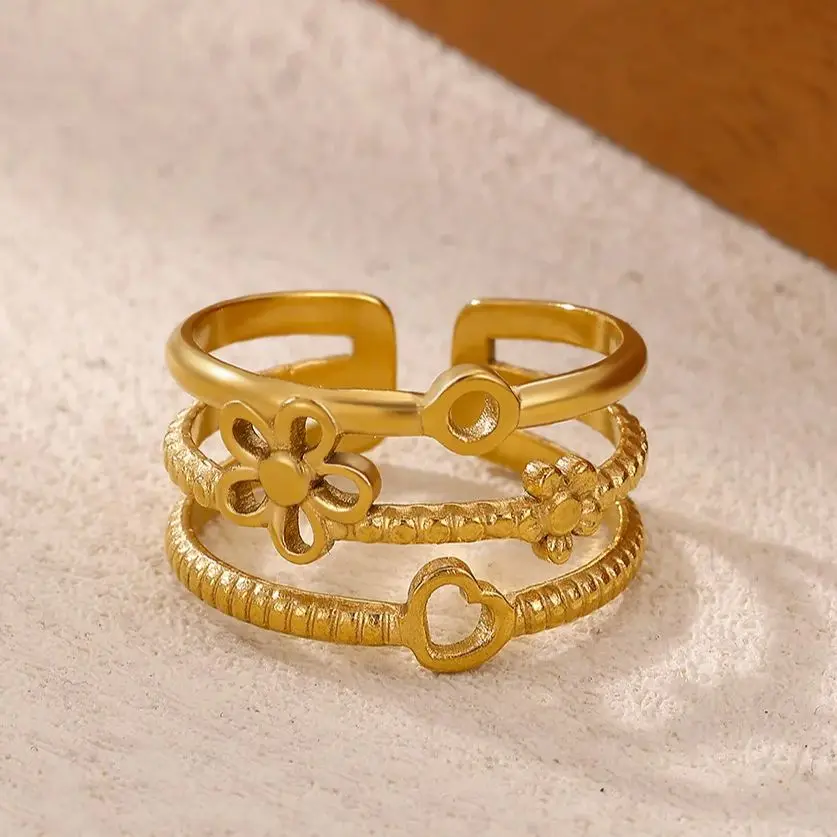 Fashion 3-Layer Stackable Heart Flower Rings Stainless Steel Adjustable