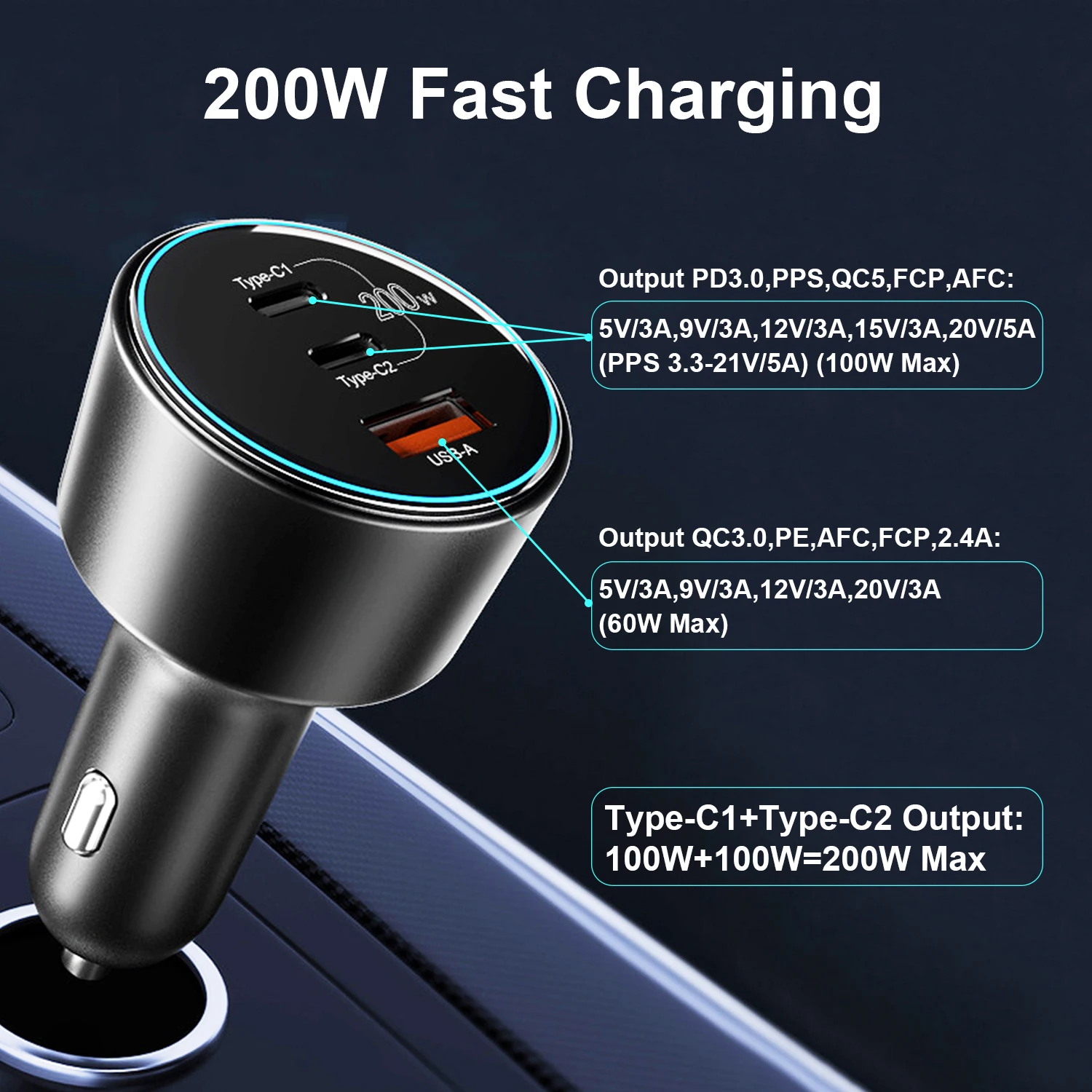 UHOMEBUY caricabatteria da auto 200W caricatore rapido USB tipo C 100W 65W 45W 20W PPS PD QC3.0 caricabatterie rapido per Laptop iPhone 15 Samsung S23 - Image 3