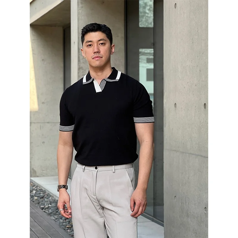 

2024 Summer New Knitted Short Sleeve Shirt for Men Business Casual Tops Lapel Breathable Men Polo Shirt Men Clothing A45