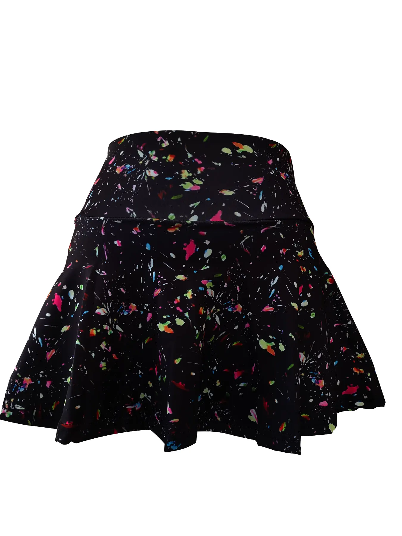 Ladies' colorful splash print sports short skirt with built-in shorts for exercise and active lifestyle